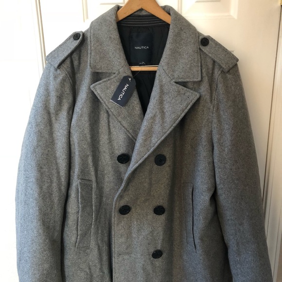Men Nautica Wool Jacket Pea Coat Grey 